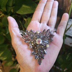 Vintage Bracelet Brooch Earring Set Smoky Gray AB Rhinestone Silver Tone