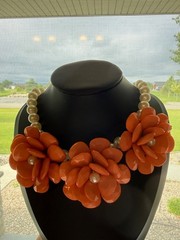 Bold Orange Bakelite Floral Statement Necklace with Pearl Accents Vintage