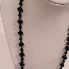Vtg Long Jet Black Glass Beaded Necklace 28″ Diamond And Round Shape Beads