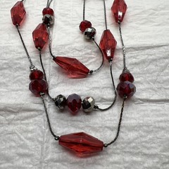 Vintage-Looking 3 Strand Red And Silver Beads On A Gun Metal Grey Chain