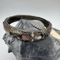 VTG Dark Silver -Tone Framed Grey Brown Lucite with Filigree & Crystal Bangle