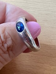 VINTAGE BLUE SPINEL CABOCHON FLUSH SET GYPSY STYLE RING 925 STERLING SILVER