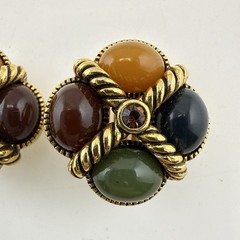 Vintage Joan Rivers Earrings Cable Multi Gem Cabochon Imitation Jade CLIP ON