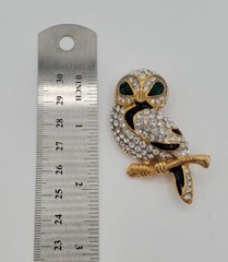 Vintage Jewelry Brooch Pin Owl Green Rhinestone Crystal Bird Women Accessory