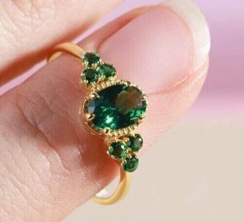 Oval Cut Green Emerald Lab Created Diamond Wedding 14Ct Yellow Gold Finish Ring