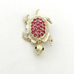 Vintage Pink Rhinestone Green Eyed Turtle Animal Gold Tone Brooch Pin