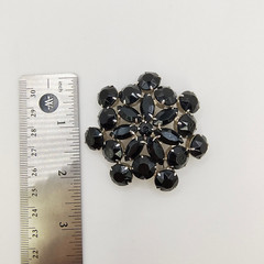 Vintage Black Glass Rhinestone Flower Brooch Pin Silver Tone Art Deco Style
