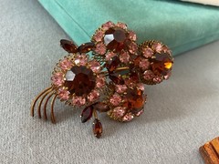 Austria Vintage Amber Pink Rhinestone Facet Brooch Wired 3D Layered Prong 3”