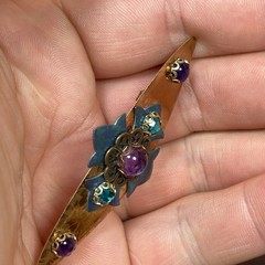 Vtg Victorian Style Art Nouveau Brooch Copper Turquoise Aqua Purple Rhinestone