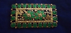 Antique Emerald Cabochon Flower Marcasite Pin Brooch Silver Tone Early 1900 RARE