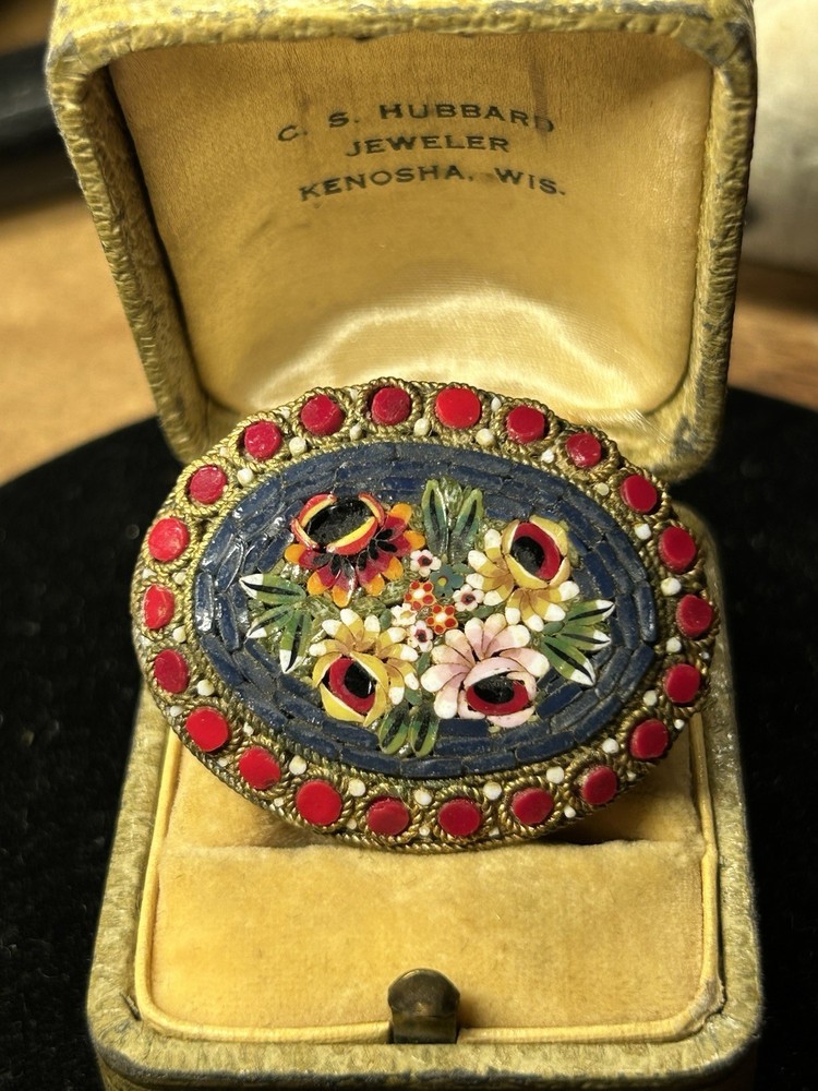 Vintage Gold Tone Micro Mosiac Floral Brooch Made in Italy Red Yellow Blue