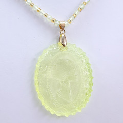 Uranium Glass Necklace 23” Cameo Pendant Vaseline Yellow Czech Beads
