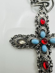 Vintage Signed Celebrity Cabochon Rhinestone Cross Pendant Necklace 28” READ