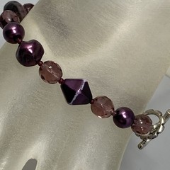 Purple Glass Bead Bracelet Oblong Round Soft Facet Acrylic Toggle Wear 7″