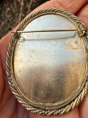 Antique Silver Brooch Hand Painted Signed Painted Portrait Cameo Of Woman READ