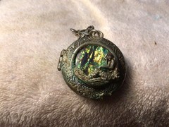 Vtg Silver Toned 3D MERMAID Iradescent Stone Locket Has Patina pre-owned