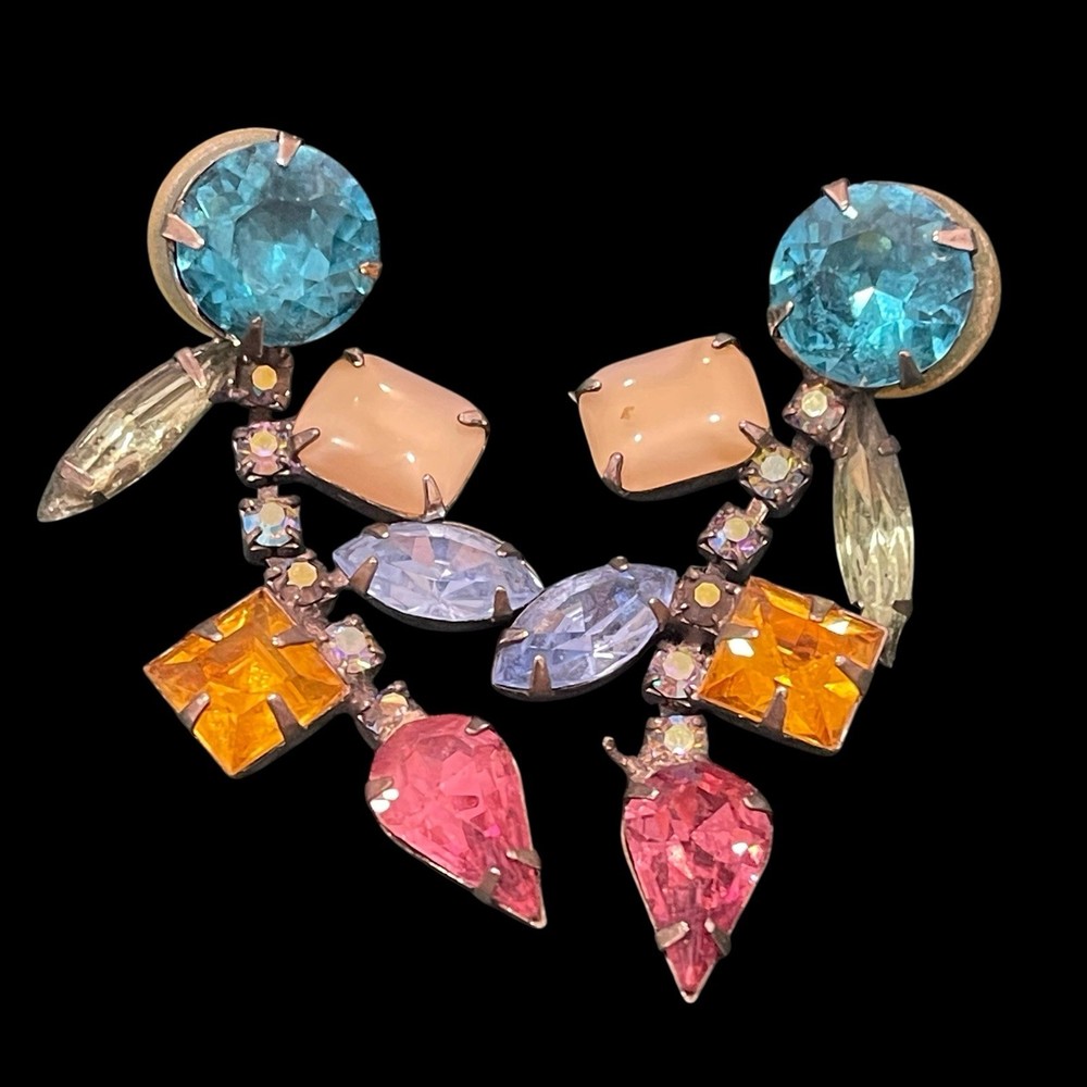 Fruit Salad Drop Earrings Dangles Bold Color Rhinestones Vtg 60s Mid Century Mod
