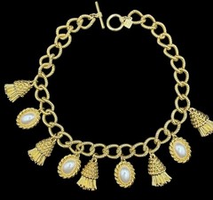 Vtg Anne Klein Chunky Gold Plated Faux Pearl & Tassel Runway Statement Necklace