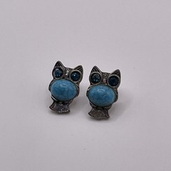 Earrings Vintage Owl Blue Glass Rhinestone Plastic Faux Turquoise Metal Jewelry