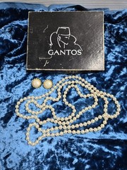 Vintage Gantos Costume Jewelry Gold White Pearl 60″ Necklace Clip On Earrings