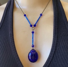 Vintage Scarab Necklace Egyptian Revival Pendant Antique Czech Cobalt Blue Glass