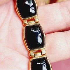 Vintage Gold Over Sterling Silver 925 Bracelet Black Stone Beautiful Signed HK