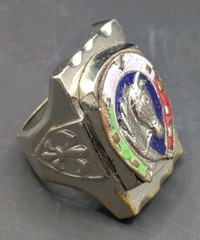 Vtg MCM Mexico Horse Head Horseshoe Ring Green White Red Blue Enamel Biker Ring