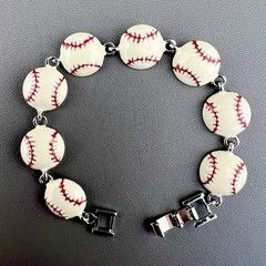 Vintage Sports Bracelet White Enamel Baseball Link Silver Tone 6.75”