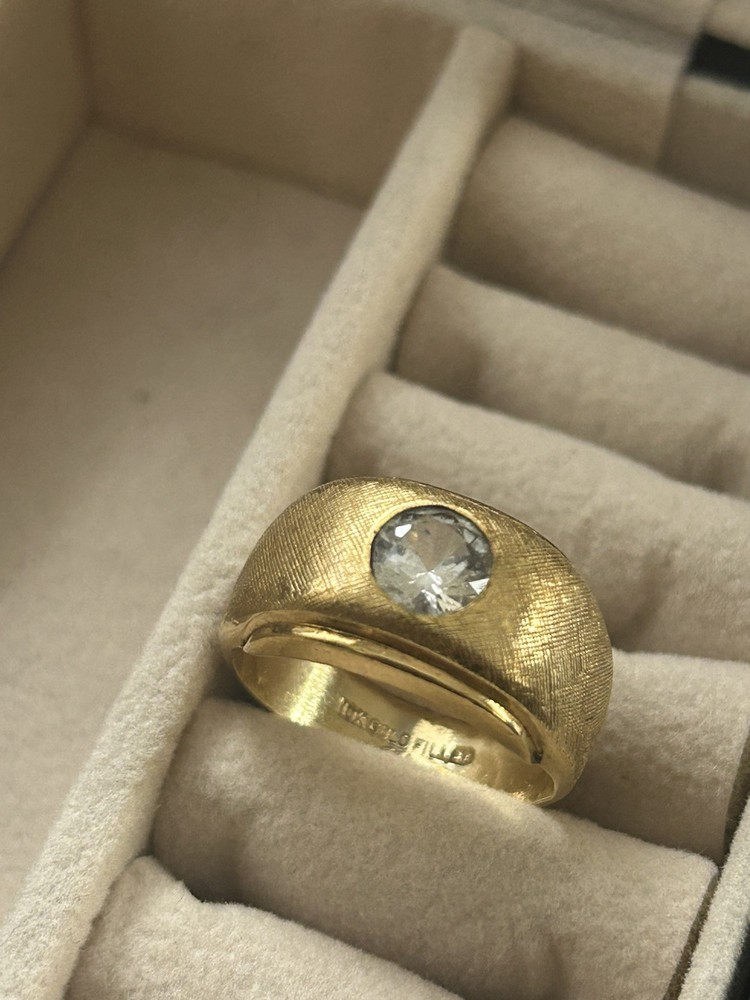 Vintage 10K Gold Filled Men’s Nugget Ring-9 GRAMS-Flush Set Clear Stone–Size 9