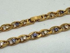 Vintage Rhinestone Necklace Gold Tone Curb Link Chain 22 in Purple, Clear Gems