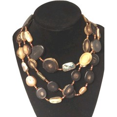 Vintage 1960″s Horn Mother of Pearl Abalone Bead Necklace 50″ Hobo Mid Century