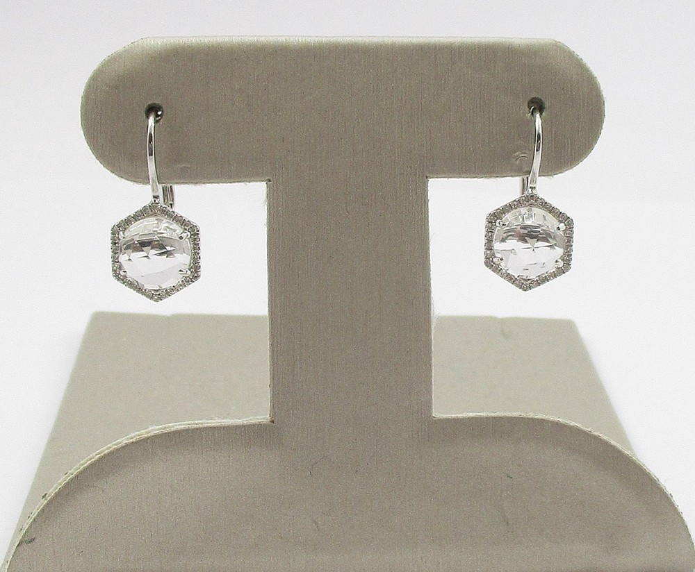 2.90Ctw Clear Hexagon Quartz 0.30Ctw Round Diamond Drop Earrings 14K White Gold