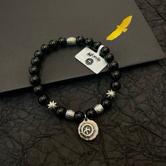Goro’s Black Onyx Beaded Bracelet Sterling Silver Unisex Vintage Punk Jewelry