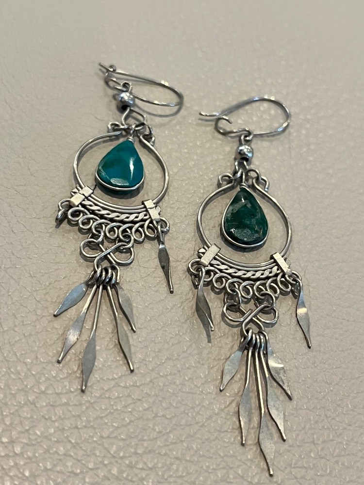 Artisan Dark Green Stone Malachite Tear Drop Silver Tone Metal Spike Earrings