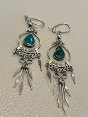 Artisan Dark Green Stone Malachite Tear Drop Silver Tone Metal Spike Earrings