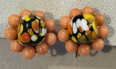 Vintage Murano Style Hand Painted Art Wire Beaded Earrings Colorful Button Coral