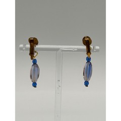 Vintage Gold Tone Blue Clear Beaded Dangle Drop Clip On Earrings