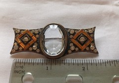 Vintage Art Deco Style Brooch Clear Oval Crystal & Orange Rhinestones Jewelry