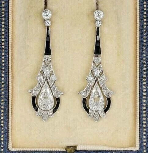 Vintage Art Deco Style Lab Created Diamond Drop Dangle 14K White Gold FN Earring
