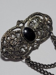 Vintage Style Ornate Metal Brooch Pin Black Agate Onyx Stone Chains Gothic…