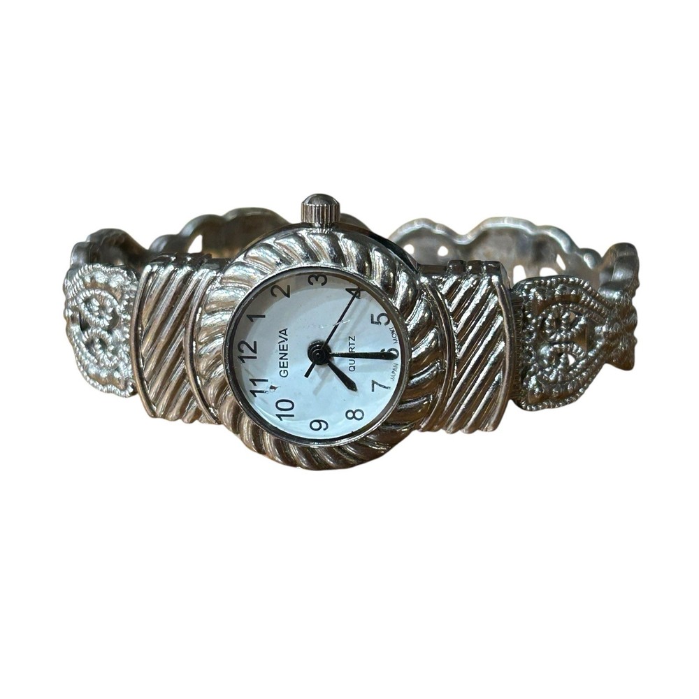 Vintage Geneva Silver Tone Bracelet Watch | Ornate Filigree Band | Victorian