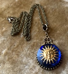 Man in the Sun Necklace Huge Blue Rhinestone Sun Face Sunshine Celestial Pendant