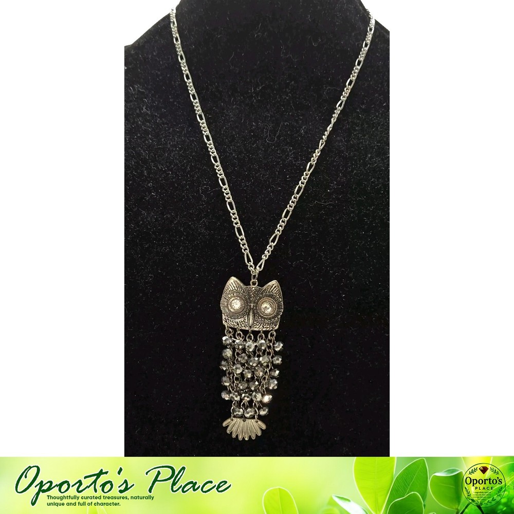 Vintage Signed VCLM Articulated Owl Pendant Necklace Adjustable Silvertone Chain
