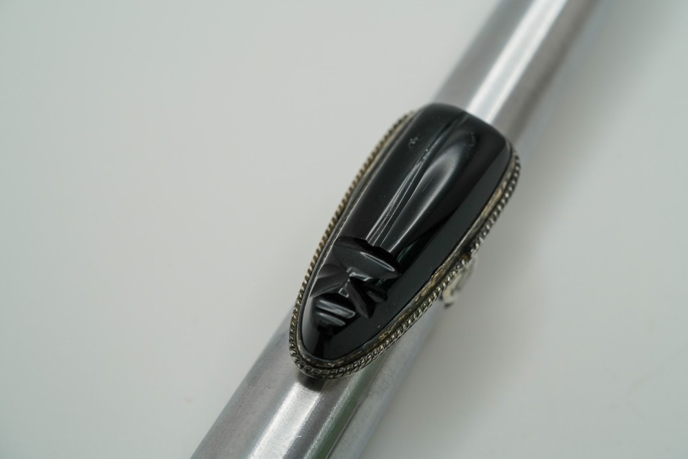 Vintage Sterling Silver Onyx Face Mask Ring Size 5.25 JB27