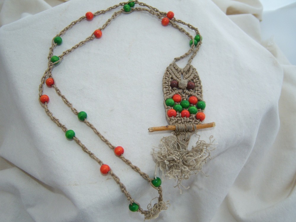 Handmade MACRAME OWL NECKLACE Green Orange Beads Long Cottage Core BOHO Vintage