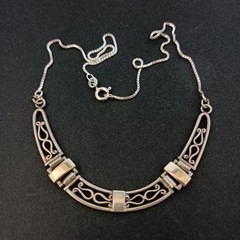 Ethnic Revival Sterling Silver Bib Necklace Israeli Artisan Gold Accent Scroll