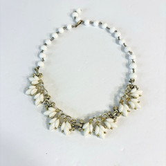 Vintage 50s Bogoff Necklace White Milk Glass Rhinestones Goldtone 16″ Adjustable