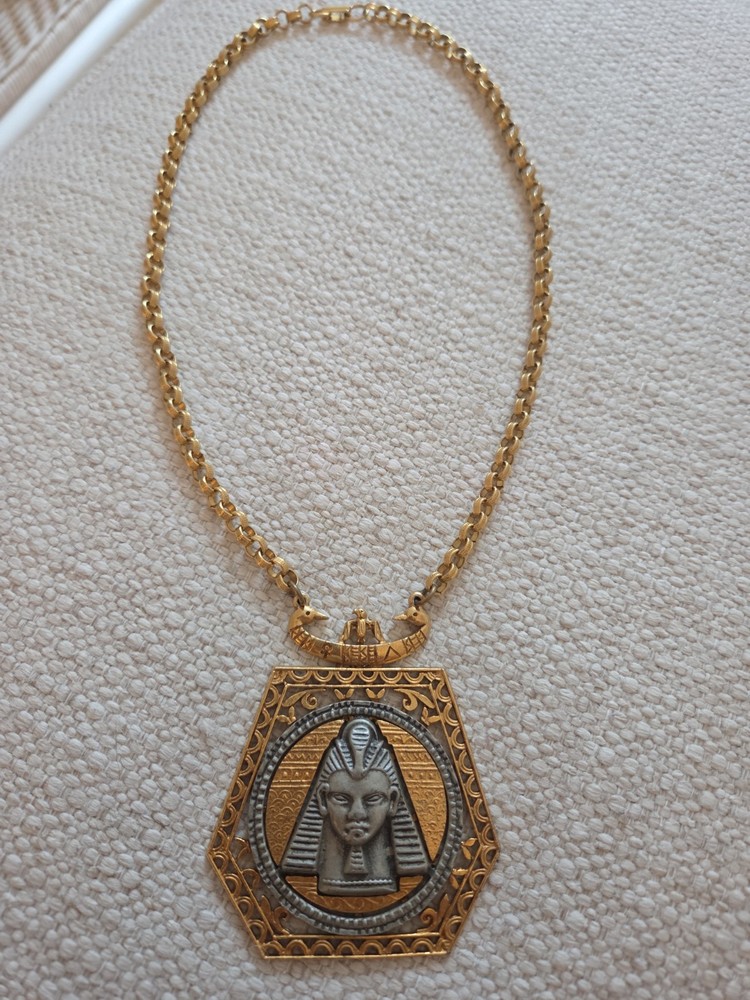 Large ART Arthur Pepper Egyptian Revival 2 Tone Necklace Signed Vintage Jewelry