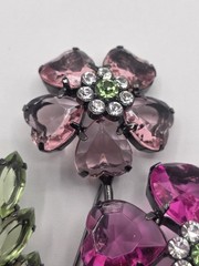 Double Flower Pink And Green Lucite Brooch, Black (Japaned) Colored Metal