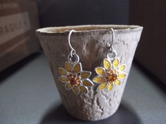 1 Pair Old .75″in Metal Yellow Sunflower Sparkly Dangle Earrings